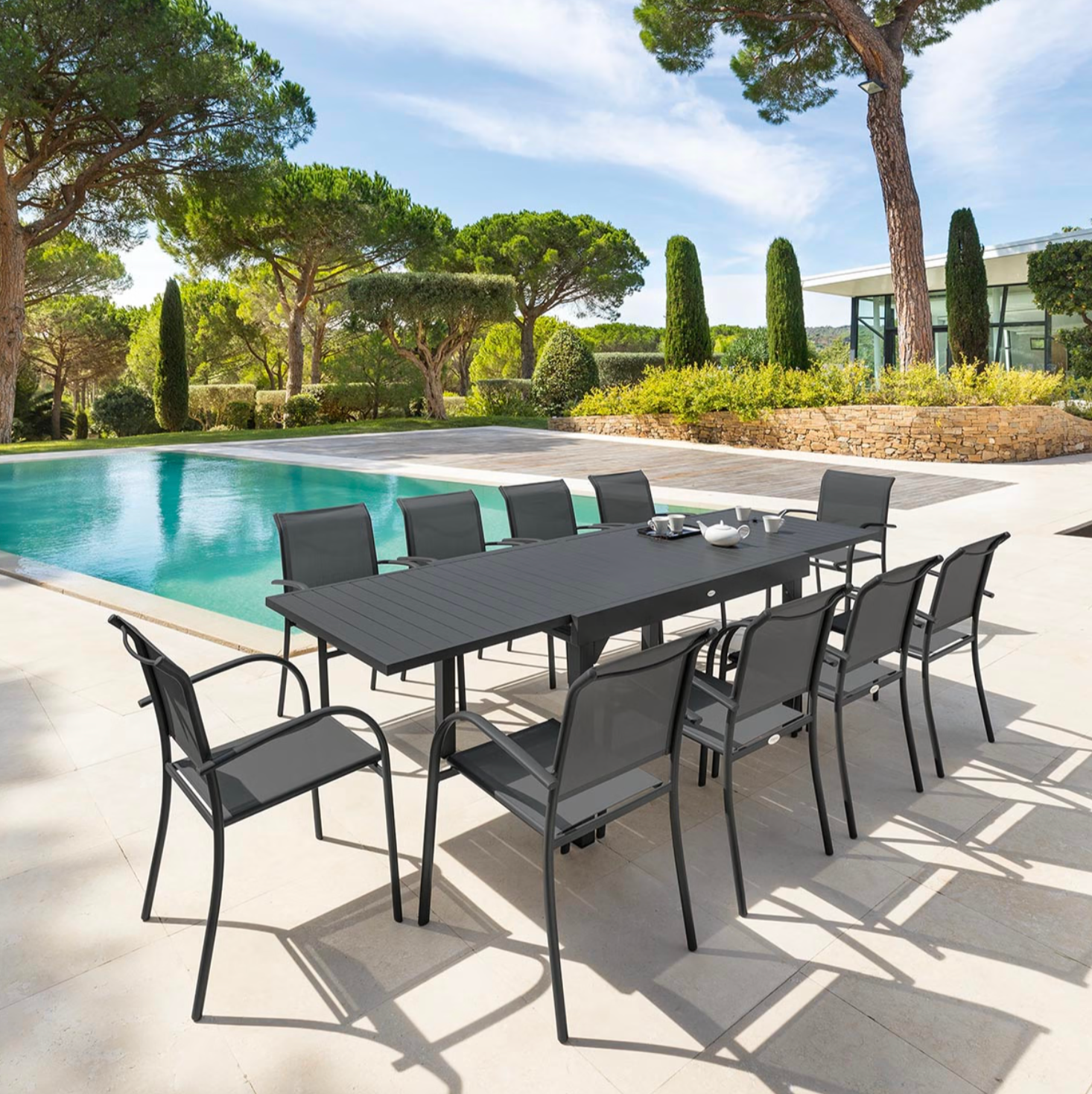 Ensemble table de jardin extensible + 10 fauteuils PIAZZA Graphite